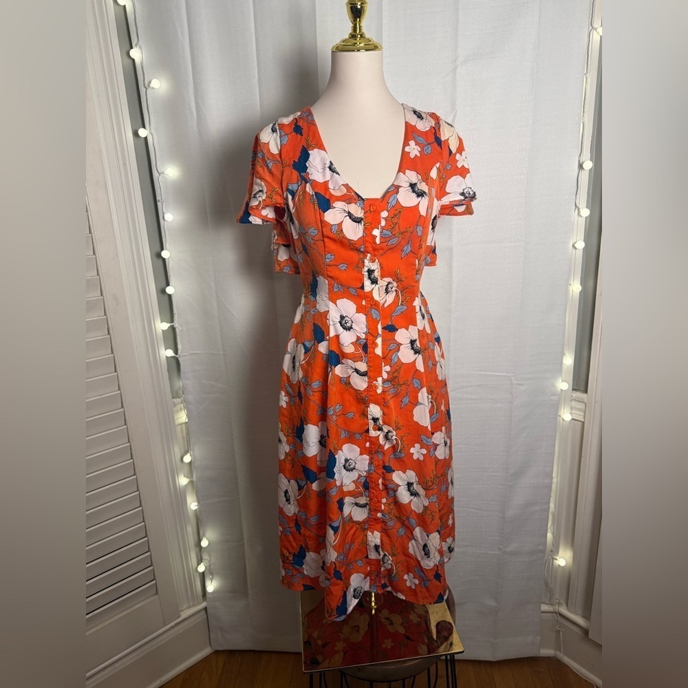 London Rose Orange Flutter Sleeve V-Neck Sundress
